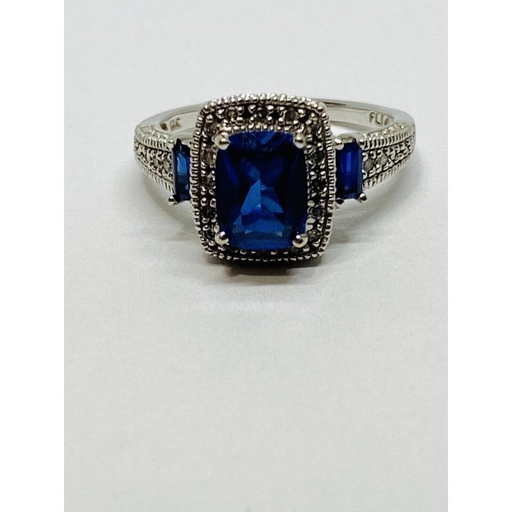 10k White Gold Blue Sapphire & Diamond Halo Ring Signed FLI Size 6.75 - Picture 7 of 12